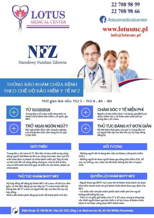Trung tâm y tế Lotus: Thông báo khám chữa bệnh theo chế độ bảo hiểm y tế NFZ