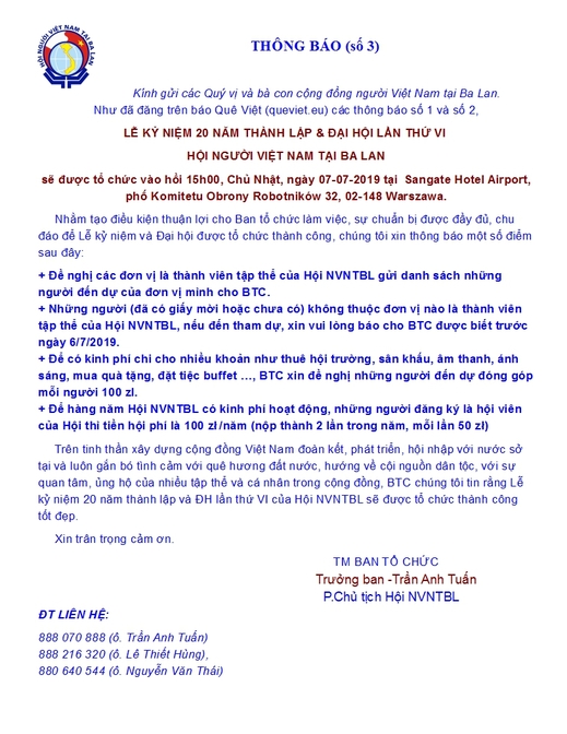 Thông báo (số 3) về Lễ kỷ niệm 20 năm thành lập và 
Đại hội lần thứ VI của Hội người Việt Nam tại Ba Lan