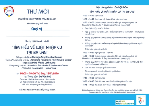 Thư mời tham dự hội thảo "Tìm hiểu về luật nhập cư tại Ba Lan"