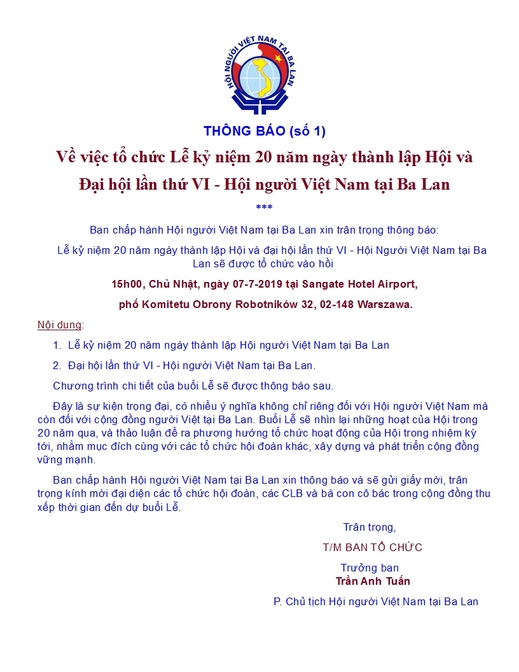 Thông báo (số 1) về việc tổ chức Lễ kỷ niệm 20 năm ngày thành lập Hội và Đại hội lần thứ VI - Hội người Việt Nam tại Ba Lan