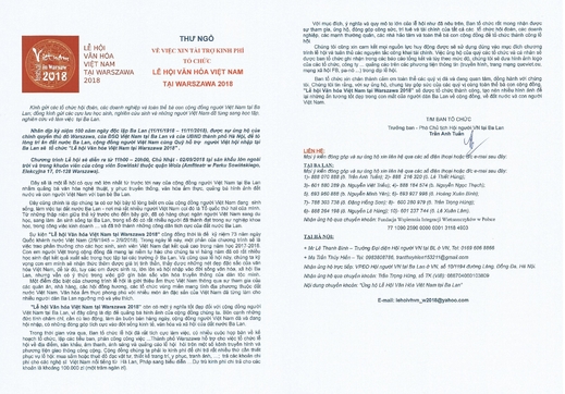 Thư ngỏ về việc xin tài trợ kinh phí tổ chức 
Lễ hội Văn hóa Việt Nam tại Warszawa 2018