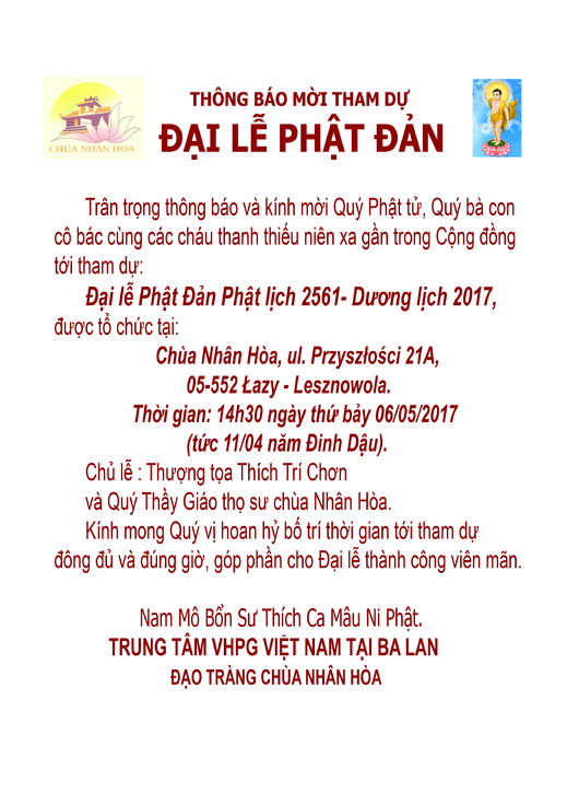 Thông báo Đại lễ Phật Đản Phật lịch 2561 tại chùa Nhân Hòa - Ba Lan