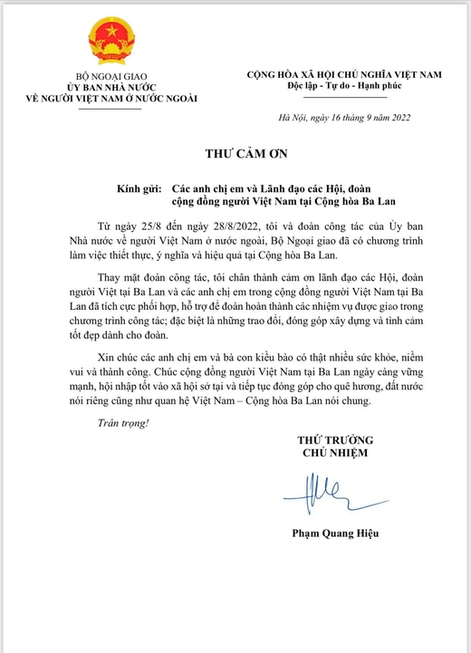 Thư cảm ơn của Thứ trưởng Bộ Ngoại giao Phạm Quang Hiệu
