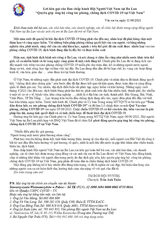 Lời kêu gọi của Ban chấp hành Hội Người Việt Nam tại Ba Lan
“Quyên góp  ủng hộ công tác phòng, chống dịch COVID-19 tại Việt Nam”