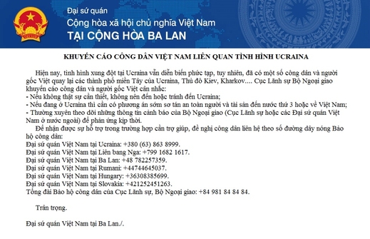 Khuyến cáo công dân Việt Nam liên quan đến tình hình Ucraina
