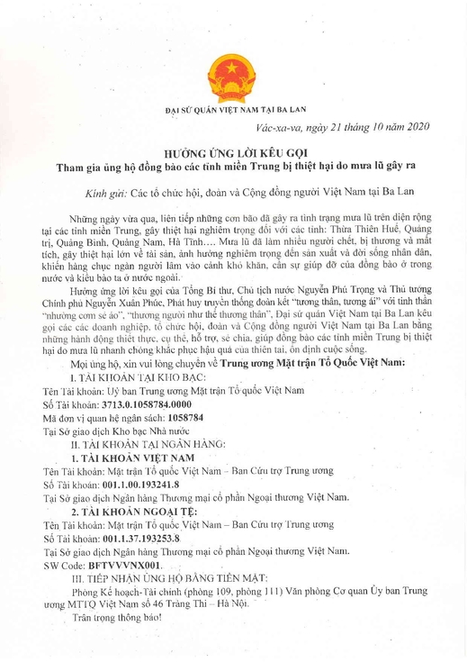 Hưởng ứng lời kêu gọi tham gia ủng hộ đồng bào các tỉnh miền Trung bị thiệt hại do mưa lũ gây ra