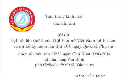 Đại hội lần thứ 5 Hội Phụ nữ Việt Nam tại Ba Lan. Giấy mời