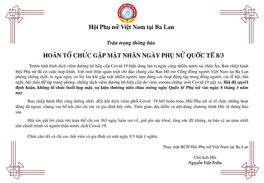 THÔNG BÁO Hoãn tổ chức gặp mặt nhân ngày Phụ nữ Quốc tế 8/3
