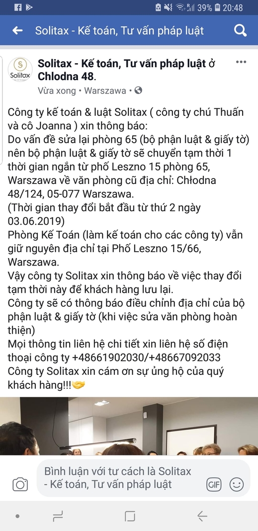 Thông báo của công ty Solitax