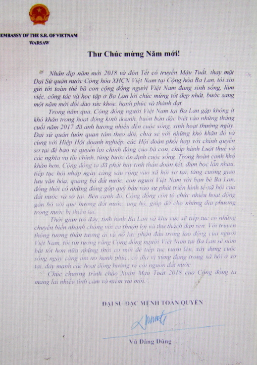 Thư Chúc mừng Năm mới của đại sứ Vũ Đăng Dũng.