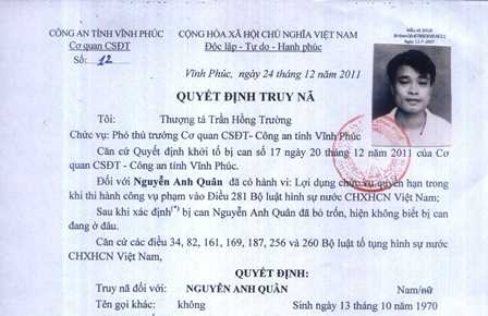 Lệnh truy nã quốc tế Nguyễn Anh Quân đã được văn phòng INTERPOLVN phát hành