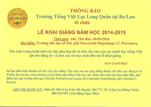 Thông báo Lễ khai giảng năm học 2014-2015 của Trường tiếng Việt Lạc Long Quân tại Ba Lan