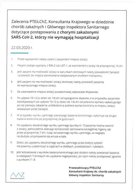 Chỉ dẫn của Hiệp hội Ba Lan các nhà Miễn dịch học và Bác sỹ các bệnh lây (PTEiLChZ), Cố vấn Quốc gia trong lĩnh vực các bệnh lây và Chánh thanh tra Dịch tễ đối với các bệnh nhân lây nhiễm SARS-CoV-2 mà không cần nhập viện