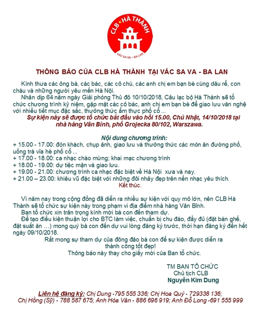 CLB Hà Thành tại Vac Sa Va - Ba Lan: Thông báo chương trình kỷ niệm 64 năm ngày giải phóng Thủ Đô