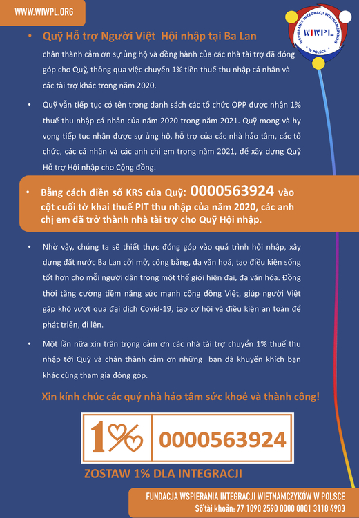 Thư cảm ơn về sự đóng góp 1% thuế thu nhập và mời tài trợ, tiếp tục ủng hộ xây dựng Quỹ Hỗ trợ Người Việt Hội nhập tại Ba Lan