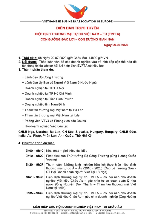 Thông báo: Hội thảo trực tuyến về cơ hội của EVFTA với các Doanh nghiệp Việt kiều Châu Âu và các Doanh nghiệp Việt Nam