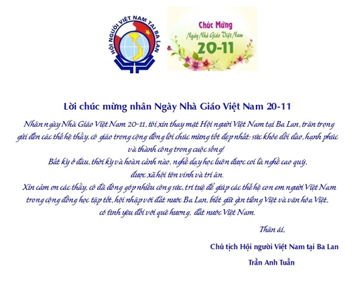 Lời chúc mừng của Chủ tịch Hội người Việt Nam tại Ba Lan nhân Ngày Nhà Giáo Việt Nam 20-11