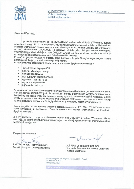Thư của Viện ngôn ngữ học thuộc trường ĐH Tổng hợp Poznań - Ba Lan