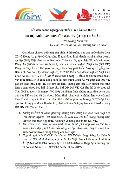 Diễn đàn doanh nghiệp Việt kiều Châu Âu lần thứ 11- Cơ hội mới tập hợp sức mạnh Việt tại Châu Âu