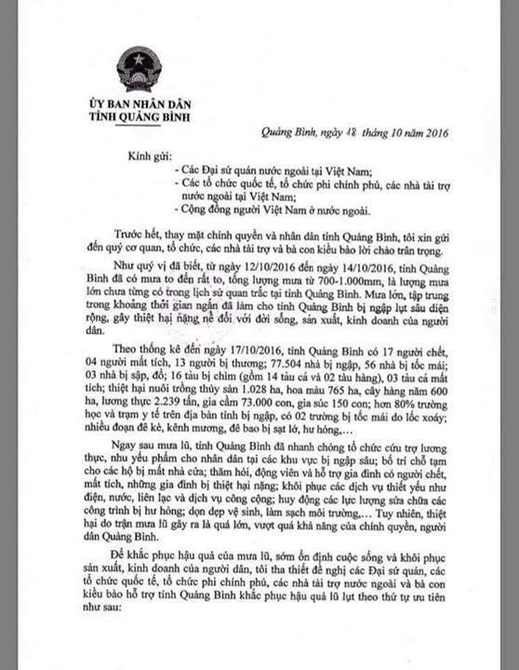Thư kêu gọi hỗ trợ tỉnh Quảng Bình khắc phục hậu quả lũ lụt