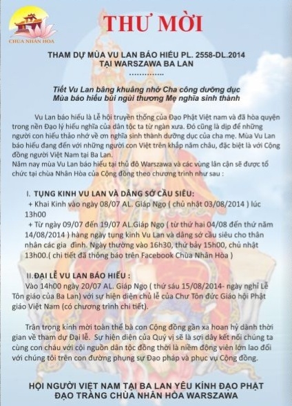 Thư mời dự đại lễ Vu Lan 2014