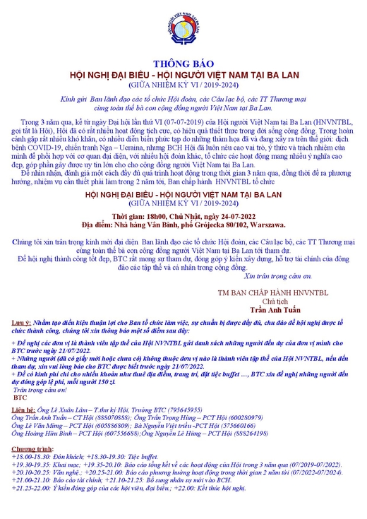 Thông báo: Hội nghị Đại biểu - Hội người Việt Nam tại Ba Lan (giữa nhiệm kỳ VI / 2019-2024)