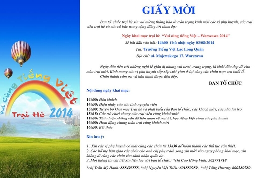Giấy mời tham dự khai mạc trại hè Vui cùng tiếng Việt 2014.