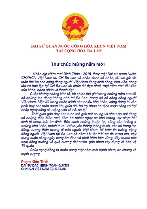 Thư chúc mừng năm mới của Đại sứ Việt Nam tại Ba Lan