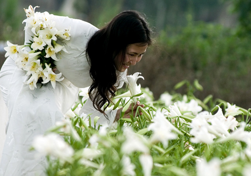 Thiếu nữ tạo dáng giữa mùa hoa loa kèn