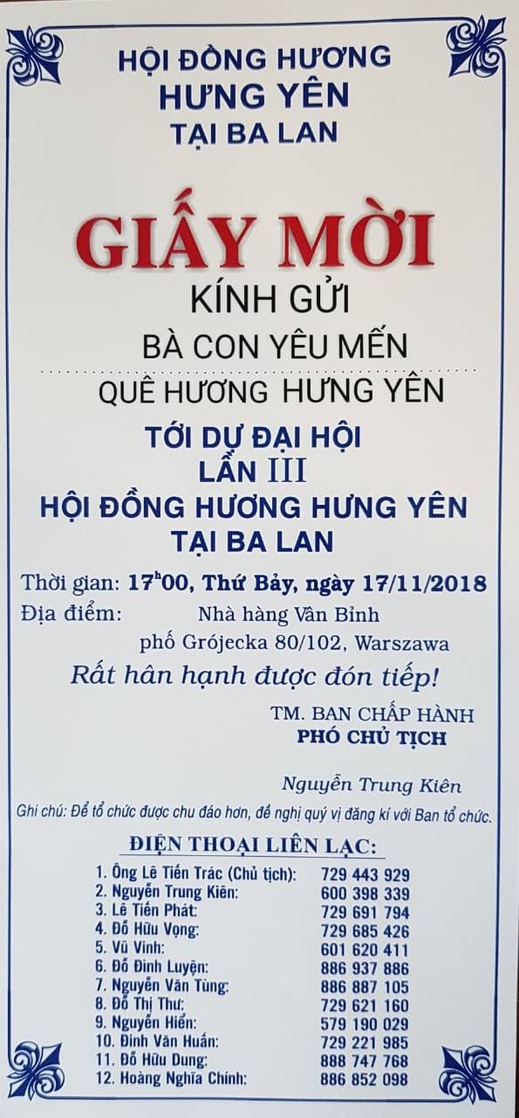 Thông báo mời dự Đại hội lần thứ III Hội đồng hương Hưng Yên tại Ba Lan