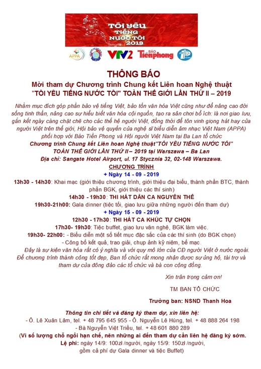 Thông báo mời tham dự Chương trình Chung kết Liên hoan Nghệ thuật "Tôi yêu tiếng nước tôi" 2019 tại Warszawa