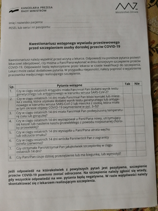 Bảng câu hỏi cần trả lời trước khi tiêm chủng