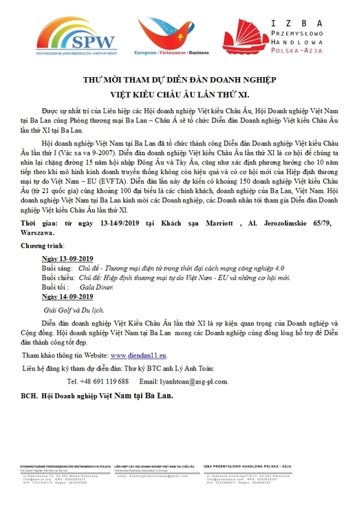 Thư mời tham dự Diễn đàn Doanh nghiệp Việt Kiều châu Âu lần thứ XI
