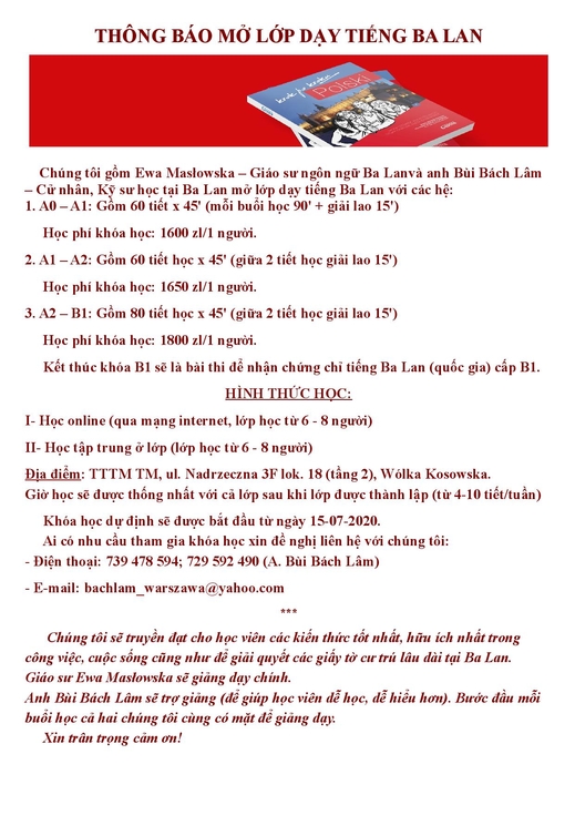 Thông báo mở lớp dạy tiếng Ba Lan