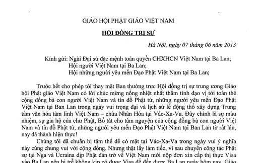 THƯ CHÚC MỪNG LỄ ĐẶT ĐÁ XÂY DỰNG CHÙA NHÂN HOÀ TẠI BA LAN CỦA GIÁO HỘI PHẬT GIÁO VIỆT NAM