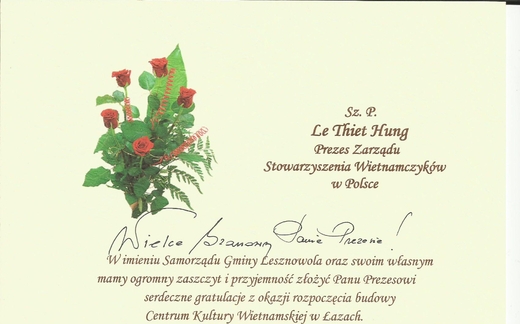 Thư của chính quyền Lesnowola gửi Hội NVN tại Ba Lan.