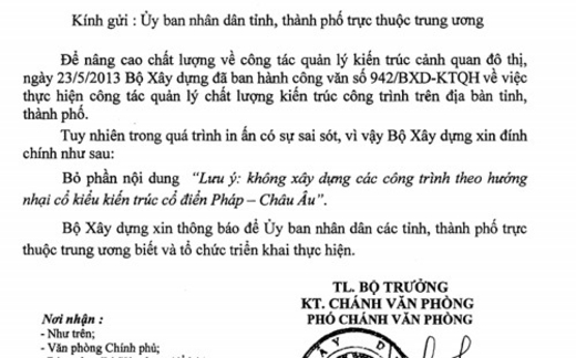 “Cấm xây nhà kiểu Pháp” là... sai sót in ấn