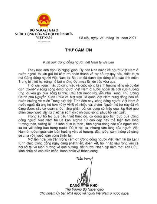 Thư cảm ơn của Bộ Ngoại giao Việt Nam gửi Cộng đồng người Việt Nam tại Ba Lan.