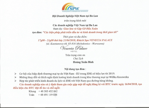 Thông báo của Hội Doanh nghiệp Việt Nam tại Ba Lan - Gặp gỡ giao lưu đầu Xuân 2018