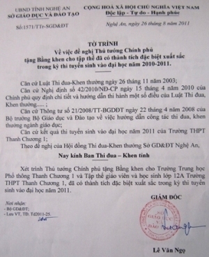 Vi phạm quy định của Bộ nhưng vẫn được đề nghị Thủ Tướng tặng bằng lkhen ?