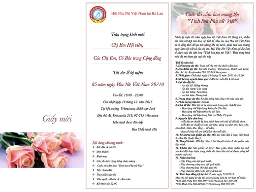 Thư mời dự kỷ niệm 85 năm ngày phụ nữ Việt Nam và tham gia cuộc thi cắm hoa „Tinh hoa phụ nữ Việt”