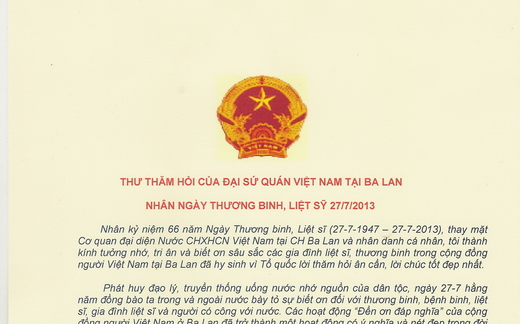 Thư thăm hỏi của Đại sứ quán Việt Nam tại Ba Lan nhân ngày thương binh, liệt sĩ.