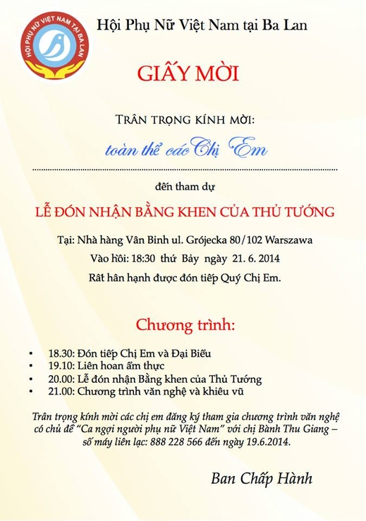 Thư mời dự lễ đón nhận bằng khen của Thủ tướng.